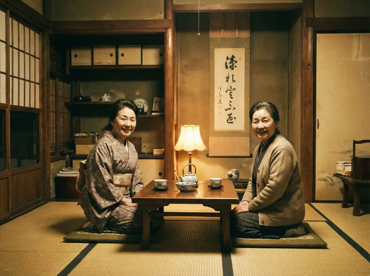 两位优雅的 半岛体育(BOB)娱乐 在日式茶室中品茶交谈